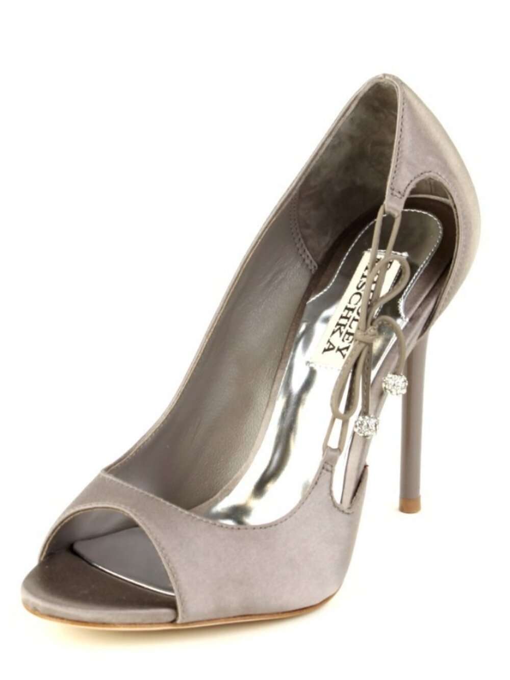 Badgley Mischka Wanda Grey Satin Crystal Bow Open Toe Pumps Size 8.5